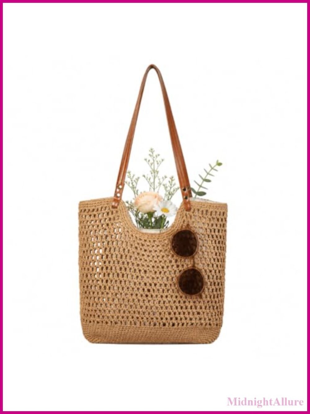 Woven Crochet Tote Bag with PU Leather Strap, Magnetic Closure Shoulder Hobo
